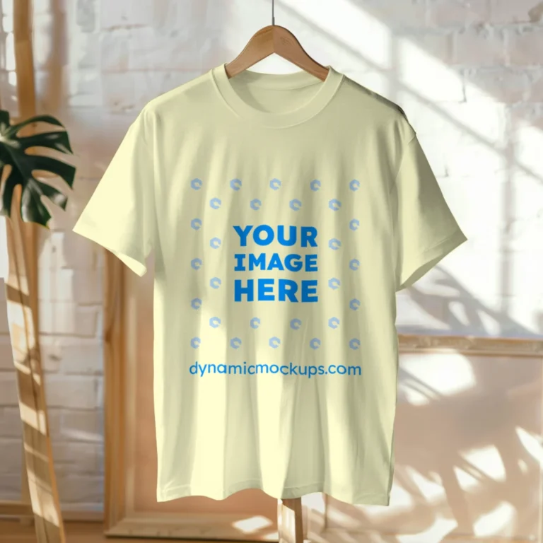 Hanging Wearing Cream T-shirt Mockup Front View Template