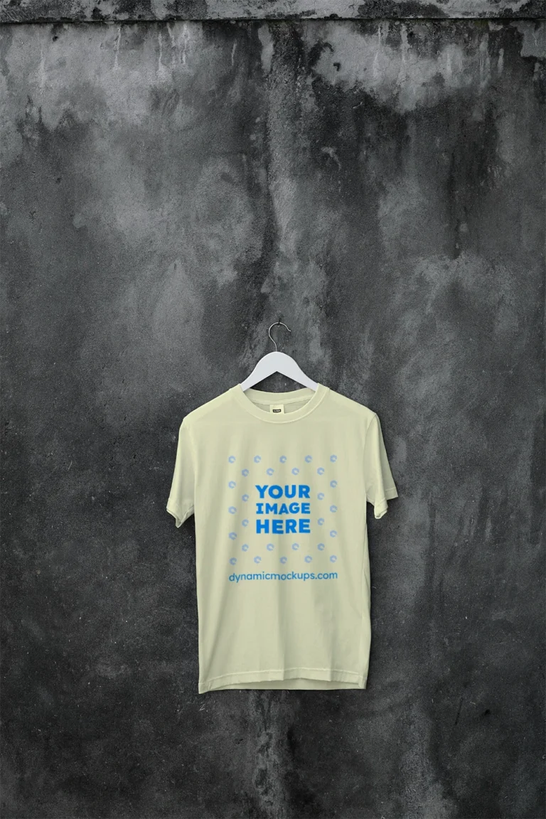Hanging Wearing Cream T-shirt Mockup Front View Template