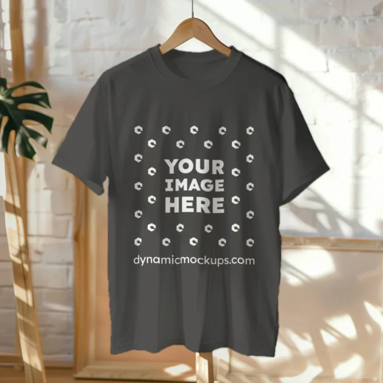Hanging Wearing Dark Gray T-shirt Mockup Front View Template