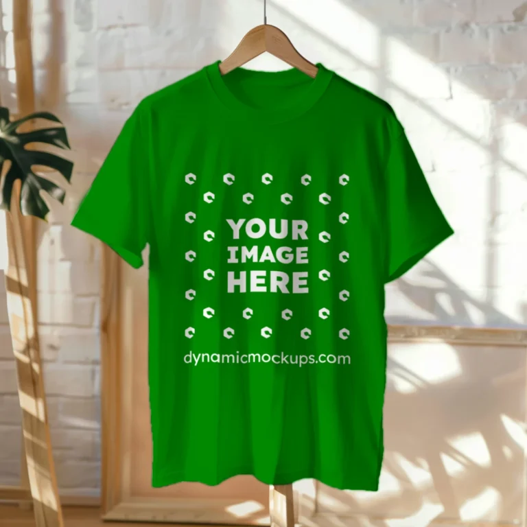 Hanging Wearing Green T-shirt Mockup Front View Template