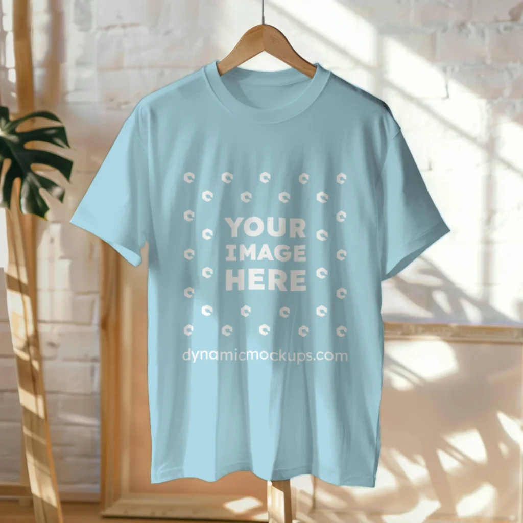 Hanging Wearing Light Blue T-shirt Mockup Front View Template