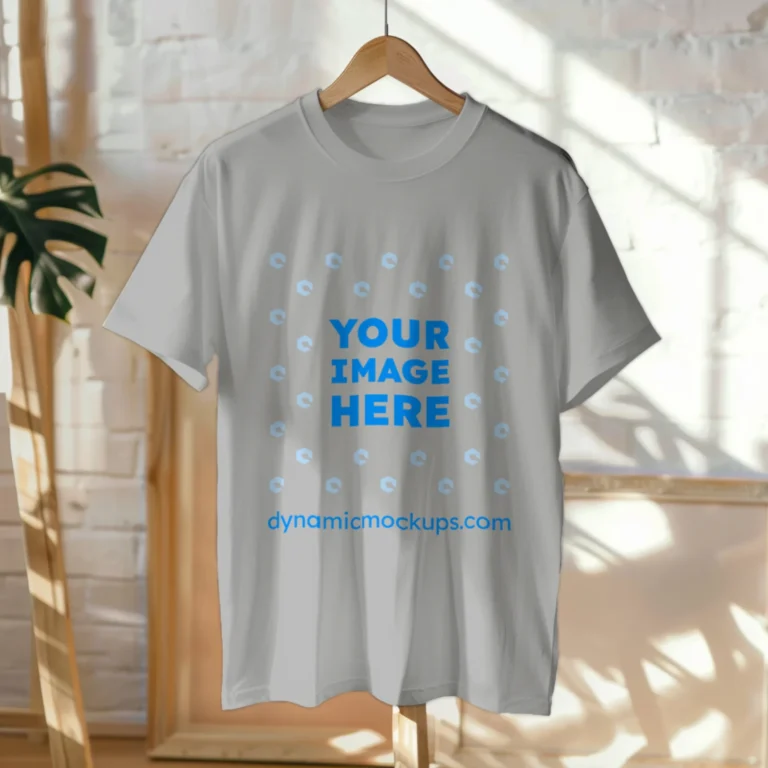 Hanging Wearing Light Gray T-shirt Mockup Front View Template