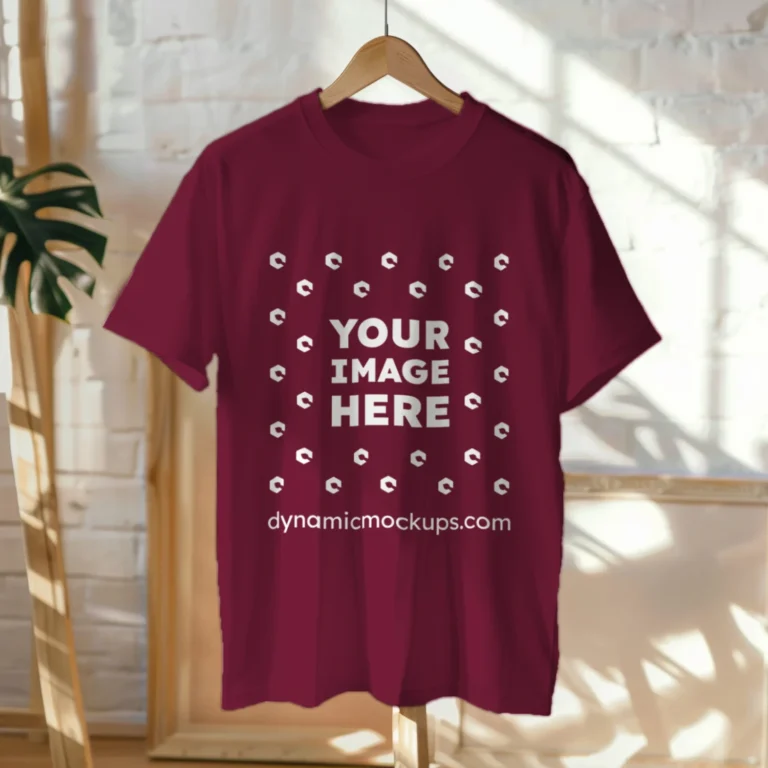 Hanging Wearing Maroon T-shirt Mockup Front View Template
