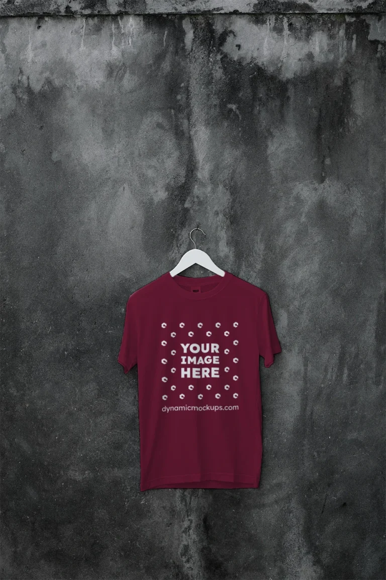 Hanging Wearing Maroon T-shirt Mockup Front View Template
