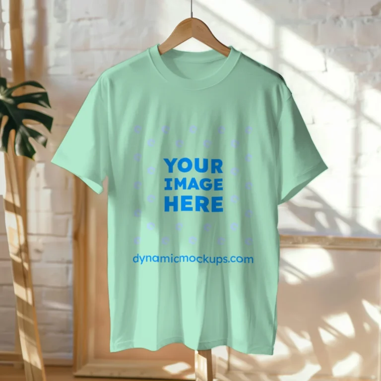Hanging Wearing Mint T-shirt Mockup Front View Template