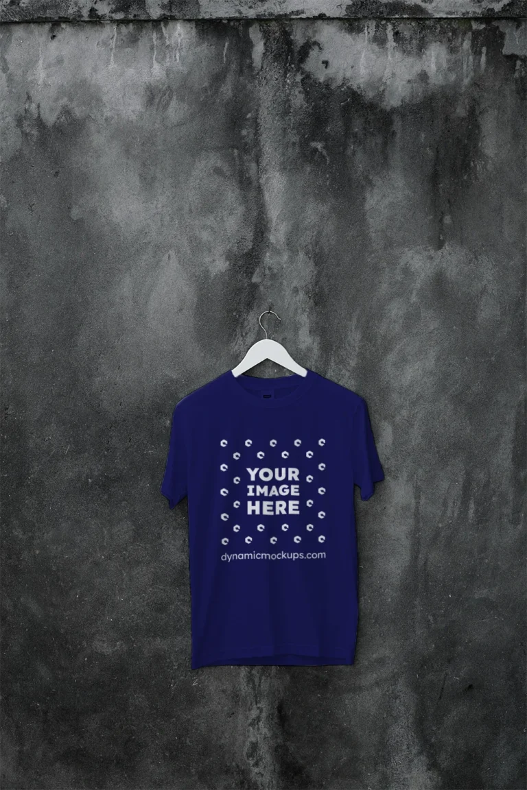 Hanging Wearing Navy Blue T-shirt Mockup Front View Template