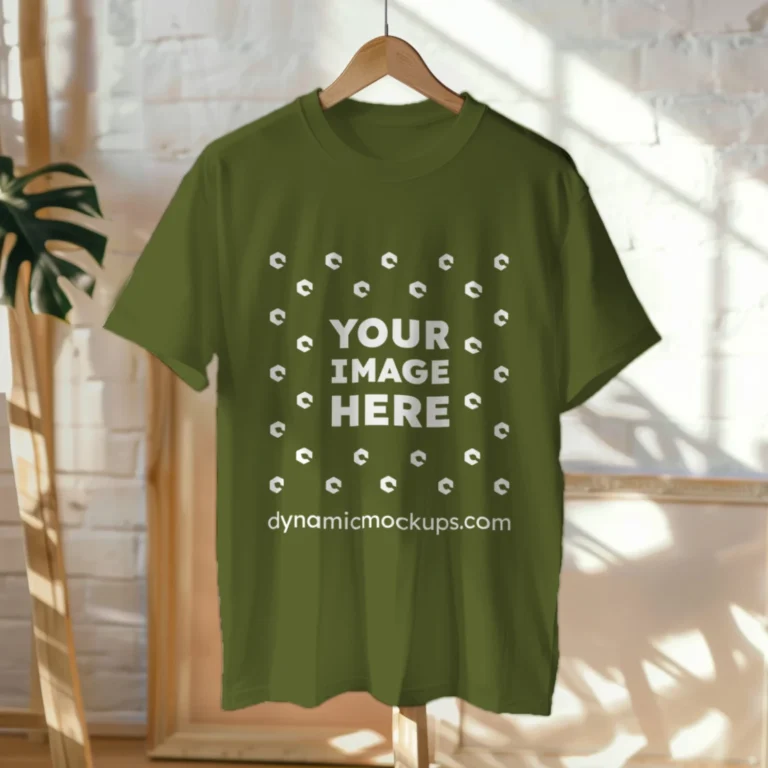 Hanging Wearing Olive Green T-shirt Mockup Front View Template