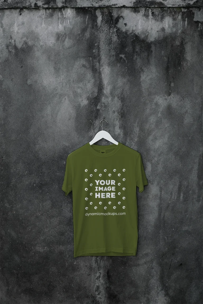 Hanging Wearing Olive Green T-shirt Mockup Front View Template