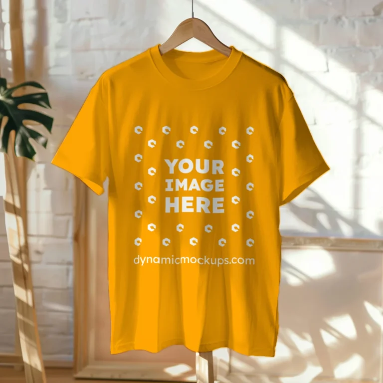 Hanging Wearing Orange T-shirt Mockup Front View Template