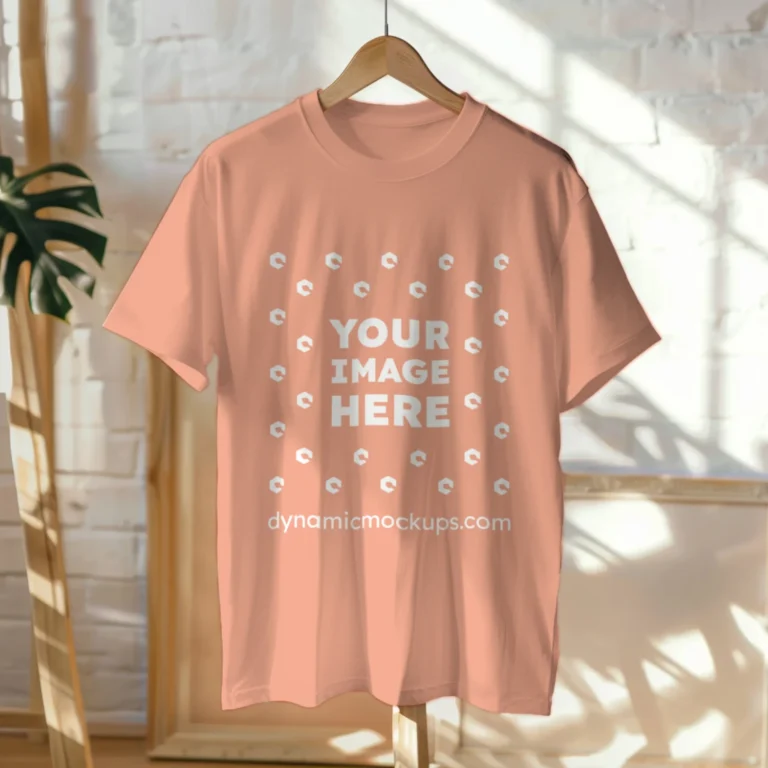 Hanging Wearing Peach T-shirt Mockup Front View Template
