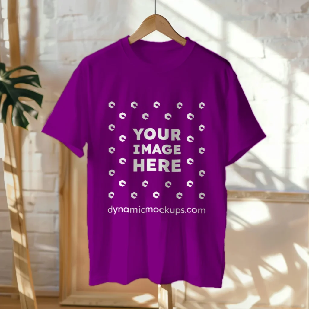Hanging Wearing Purple T-shirt Mockup Front View Template