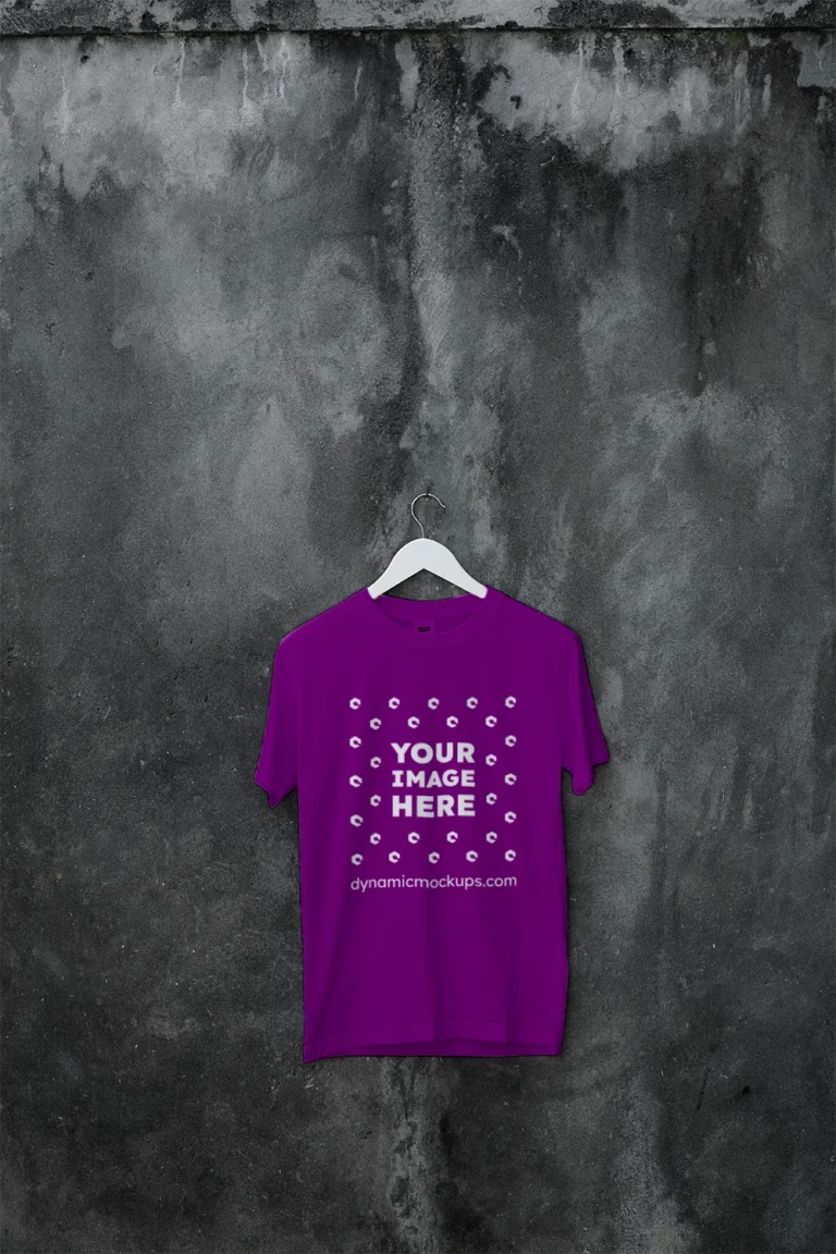 Hanging Wearing Purple T-shirt Mockup Front View Template