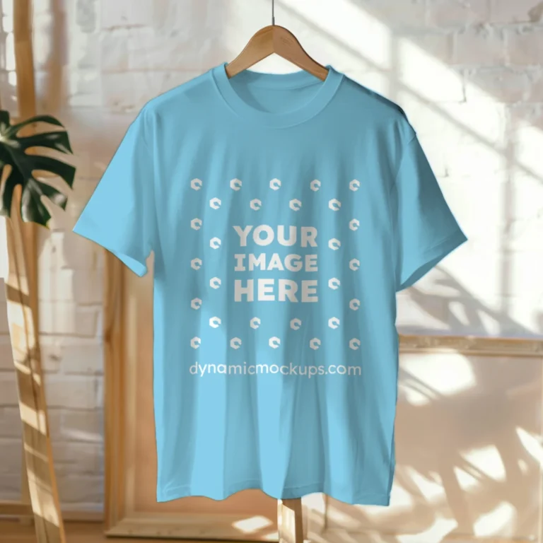 Hanging Wearing Sky Blue T-shirt Mockup Front View Template
