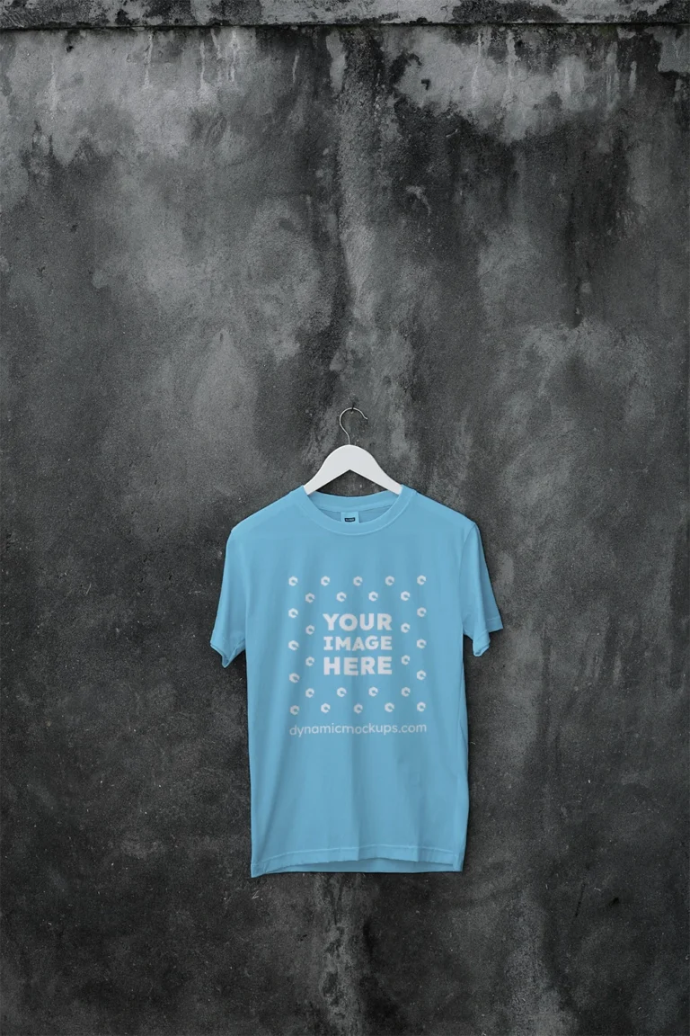 Hanging Wearing Sky Blue T-shirt Mockup Front View Template