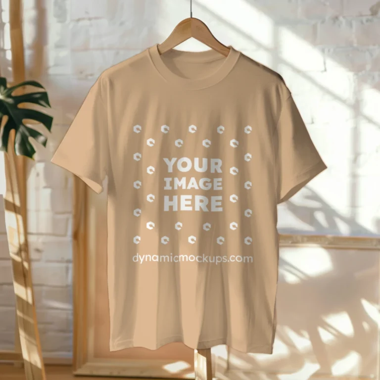 Hanging Wearing Tan T-shirt Mockup Front View Template
