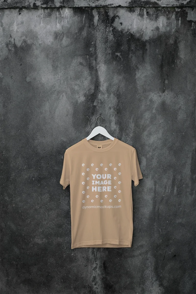 Hanging Wearing Tan T-shirt Mockup Front View Template