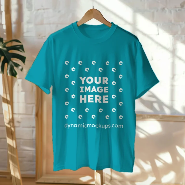 Hanging Wearing Teal T-shirt Mockup Front View Template
