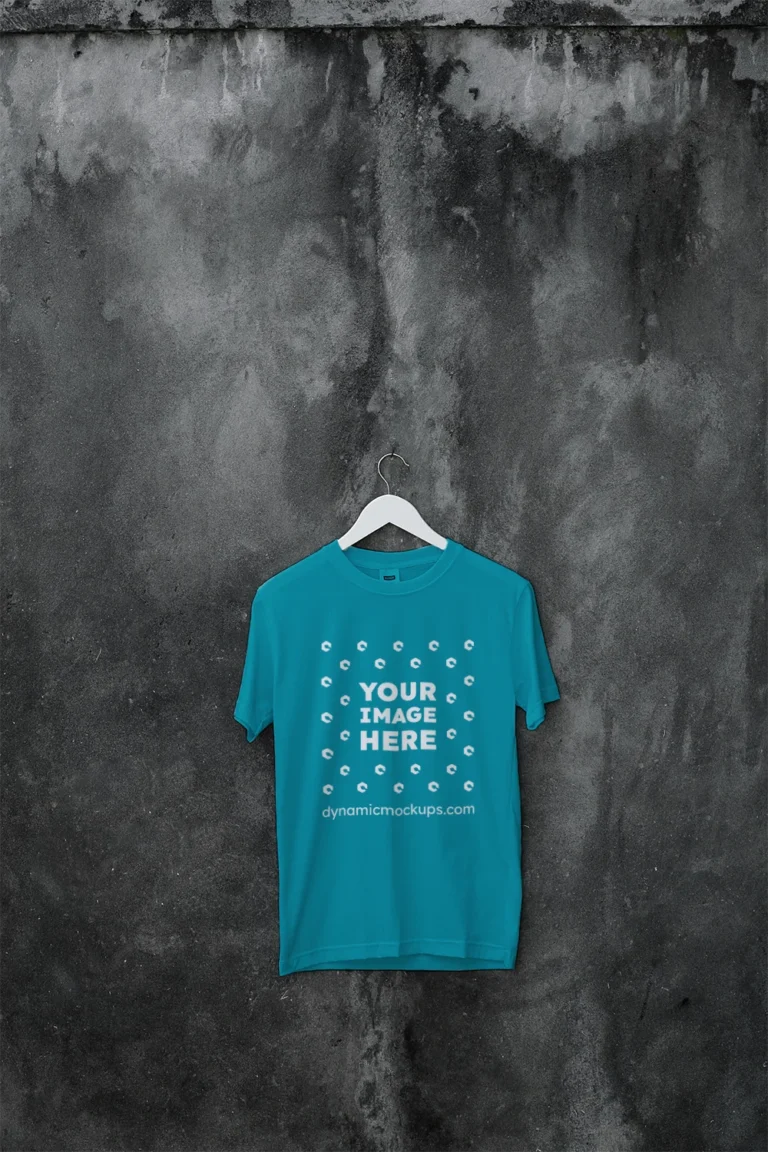 Hanging Wearing Teal T-shirt Mockup Front View Template