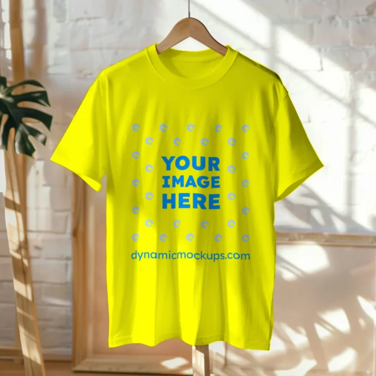 Hanging Wearing Yellow T-shirt Mockup Front View Template