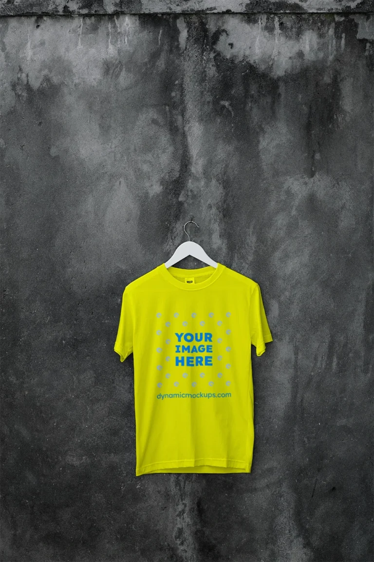 Hanging Wearing Yellow T-shirt Mockup Front View Template
