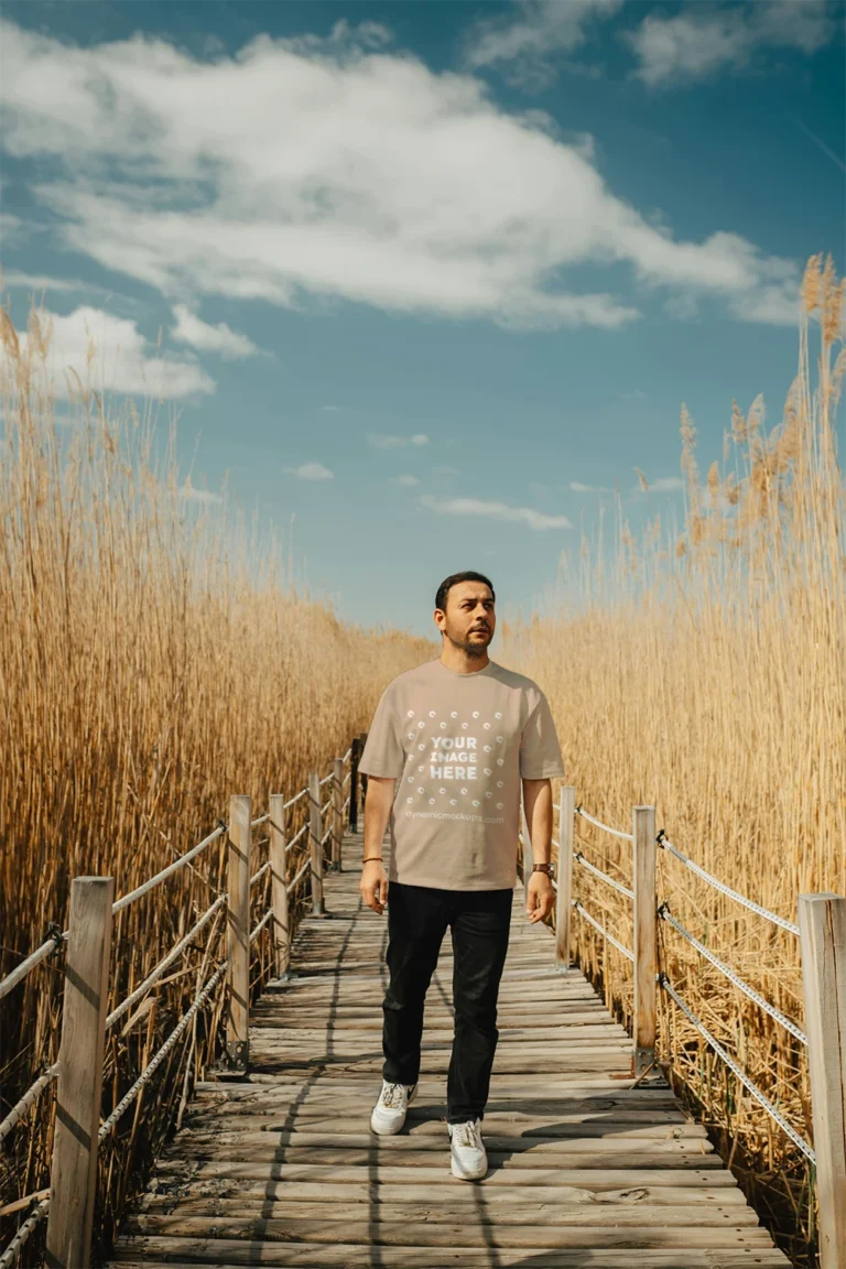 Man Wearing Beige T-shirt Mockup Front View Template