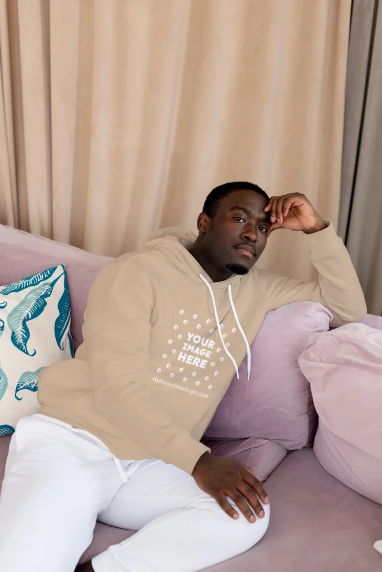 Man Wearing Beige Hoodie Mockup Front View Template