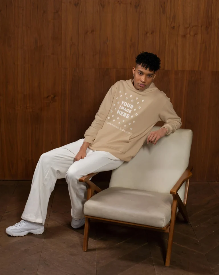 Man Wearing Beige Hoodie Mockup Front View Template