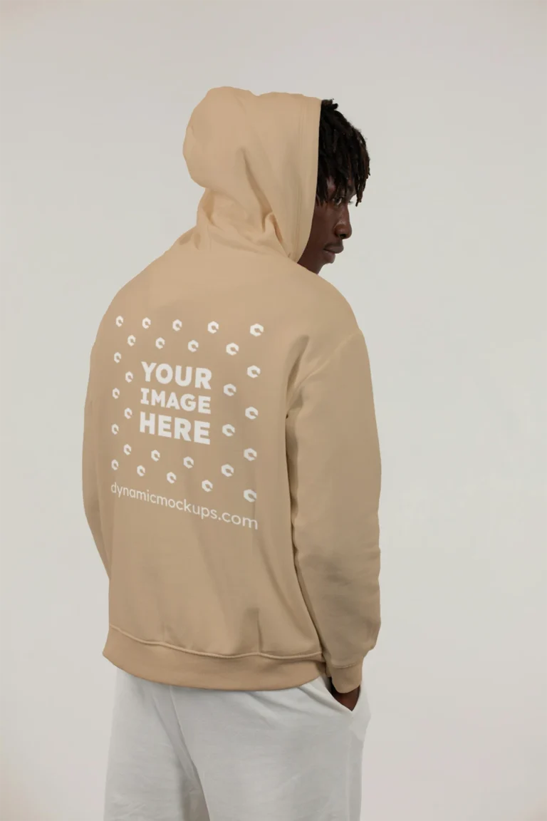 Man Wearing Beige Hoodie Mockup Back View Template
