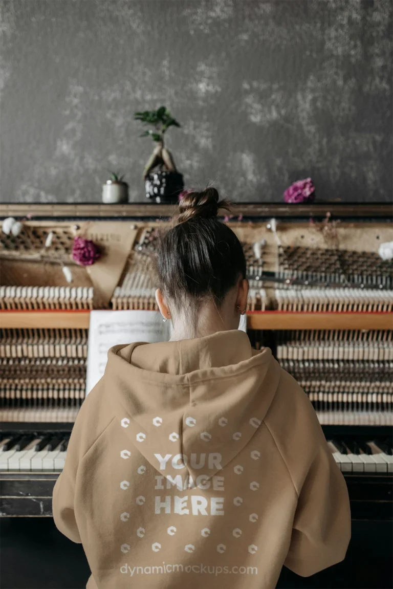 Man Wearing Beige Hoodie Mockup Back View Template
