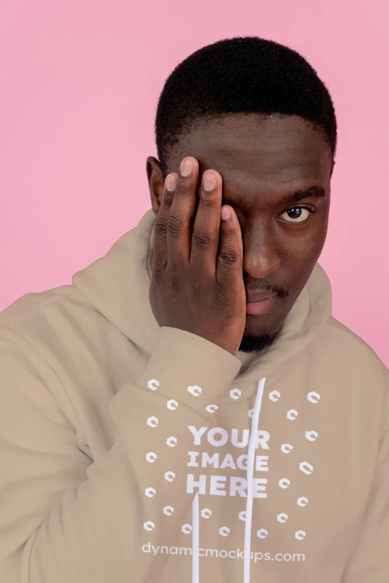 Man Wearing Beige Hoodie Mockup Front View Template