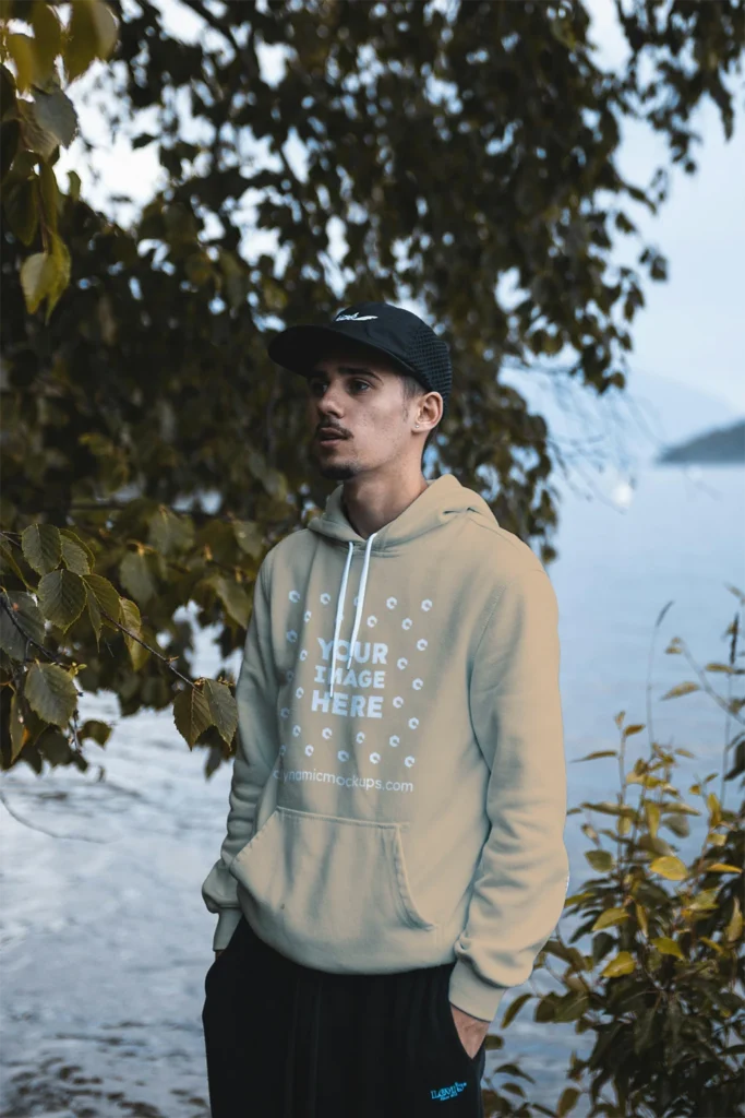 Man Wearing Beige Hoodie Mockup Front View Template