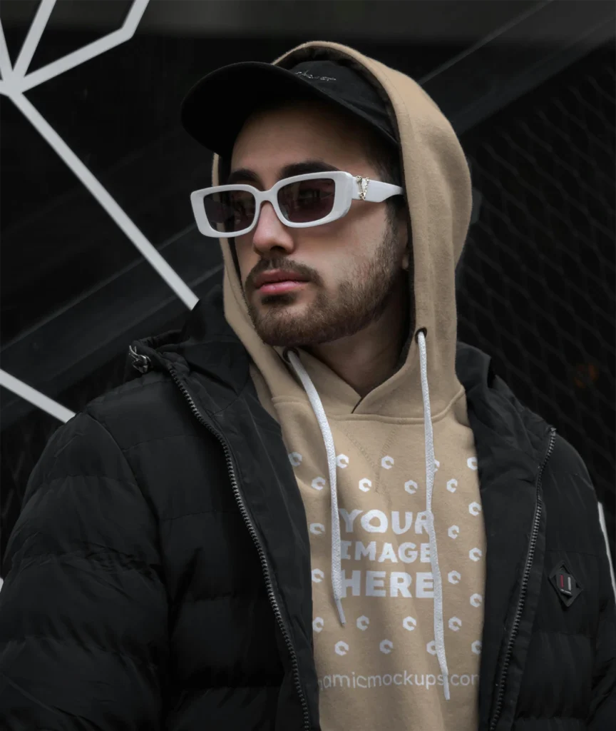 Man Wearing Beige Hoodie Mockup Front View Template