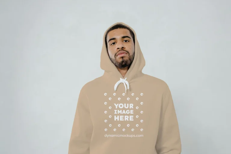 Man Wearing Beige Hoodie Mockup Front View Template