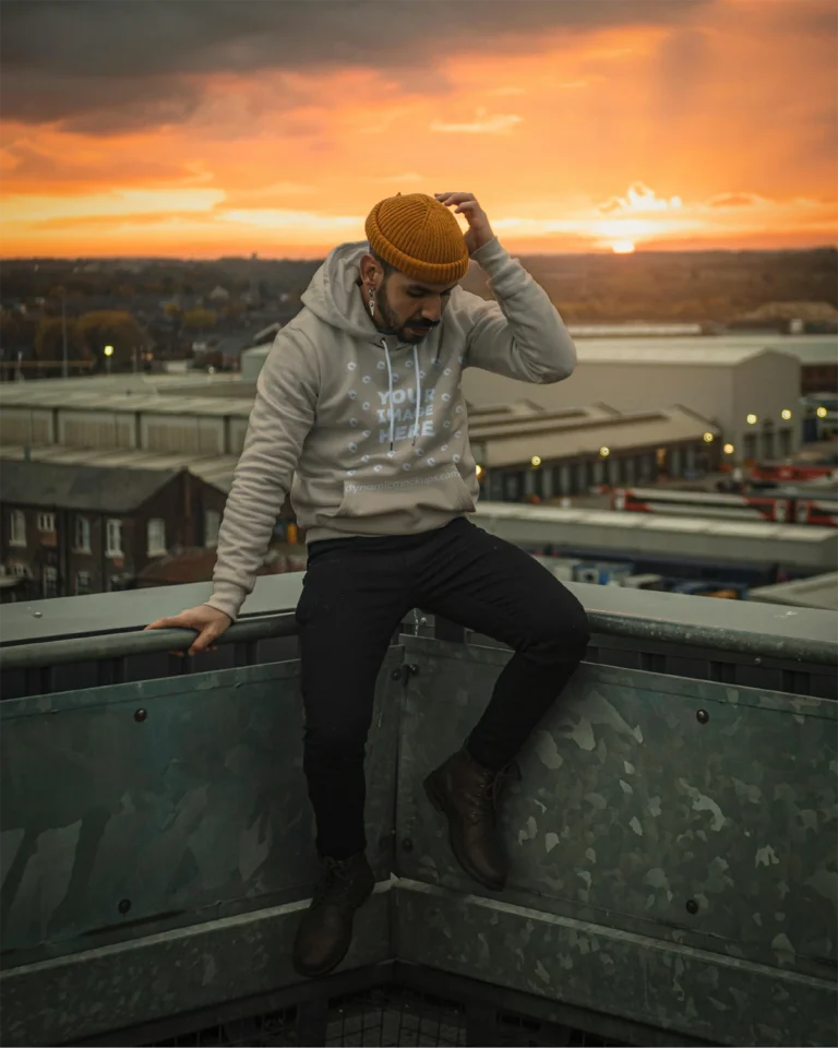 Man Wearing Beige Hoodie Mockup Front View Template