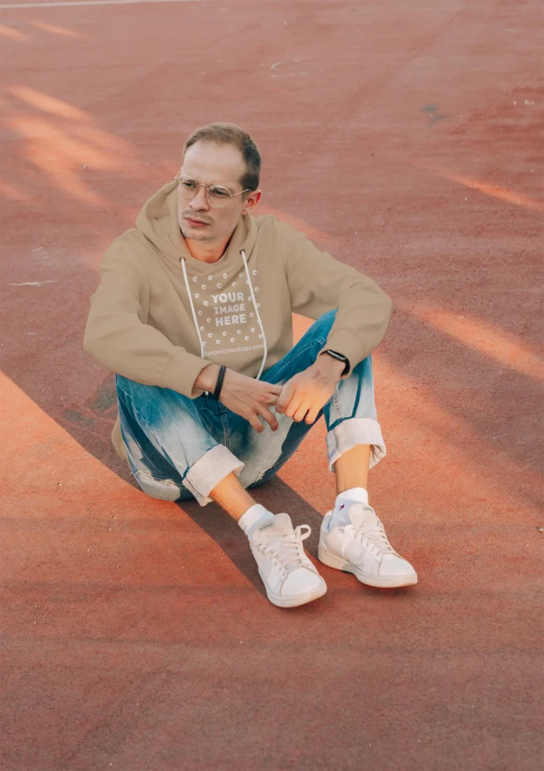 Man Wearing Beige Hoodie Mockup Front View Template