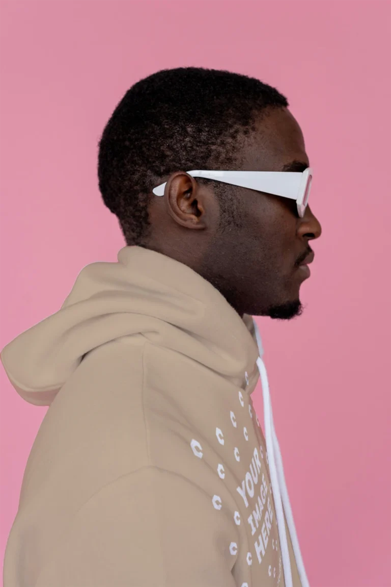 Man Wearing Beige Hoodie Mockup Side View Template