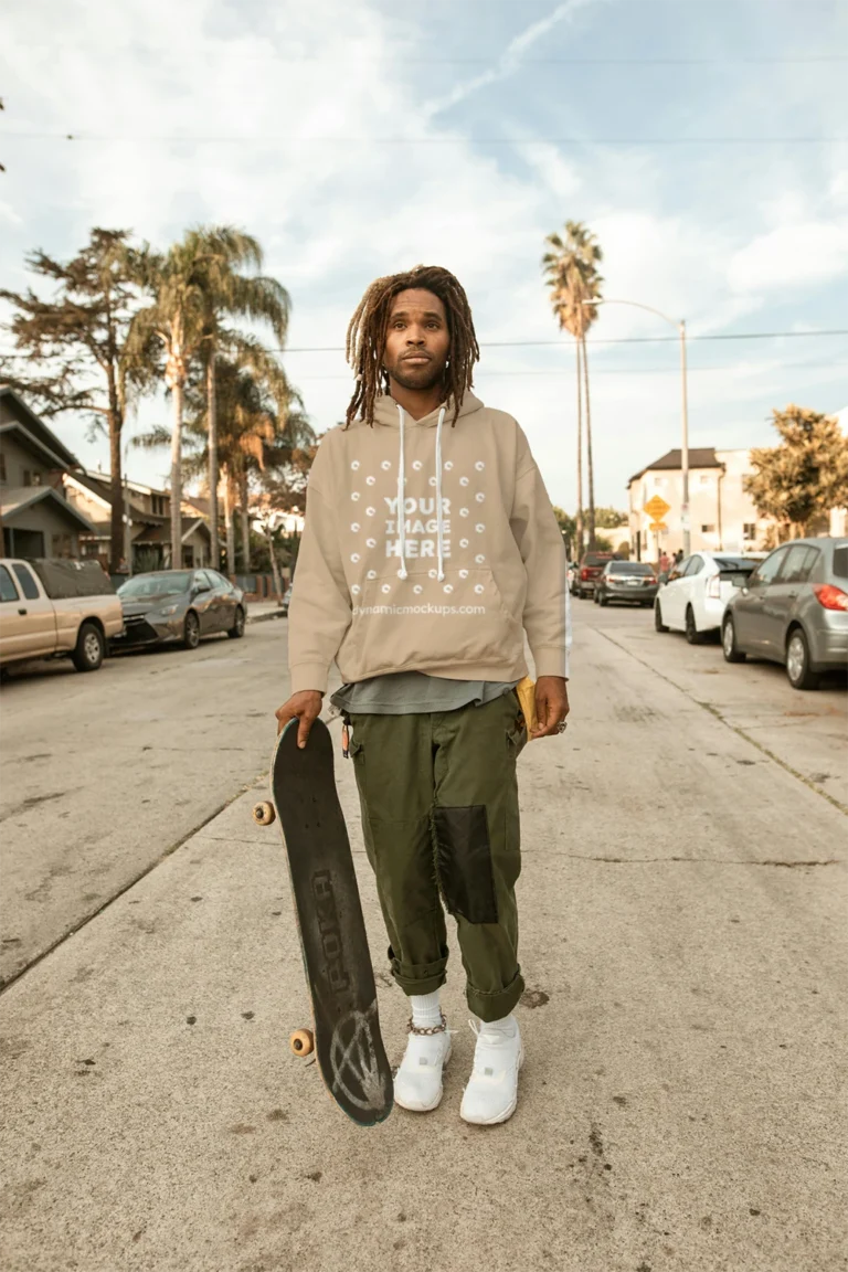 Man Wearing Beige Hoodie Mockup Front View Template