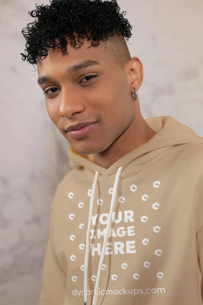 Man Wearing Beige Hoodie Mockup Front View Template