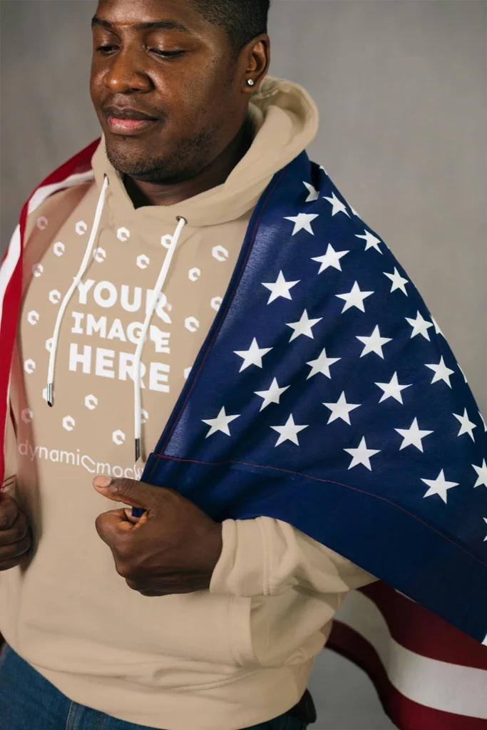 Man Wearing Beige Hoodie Mockup Front View Template