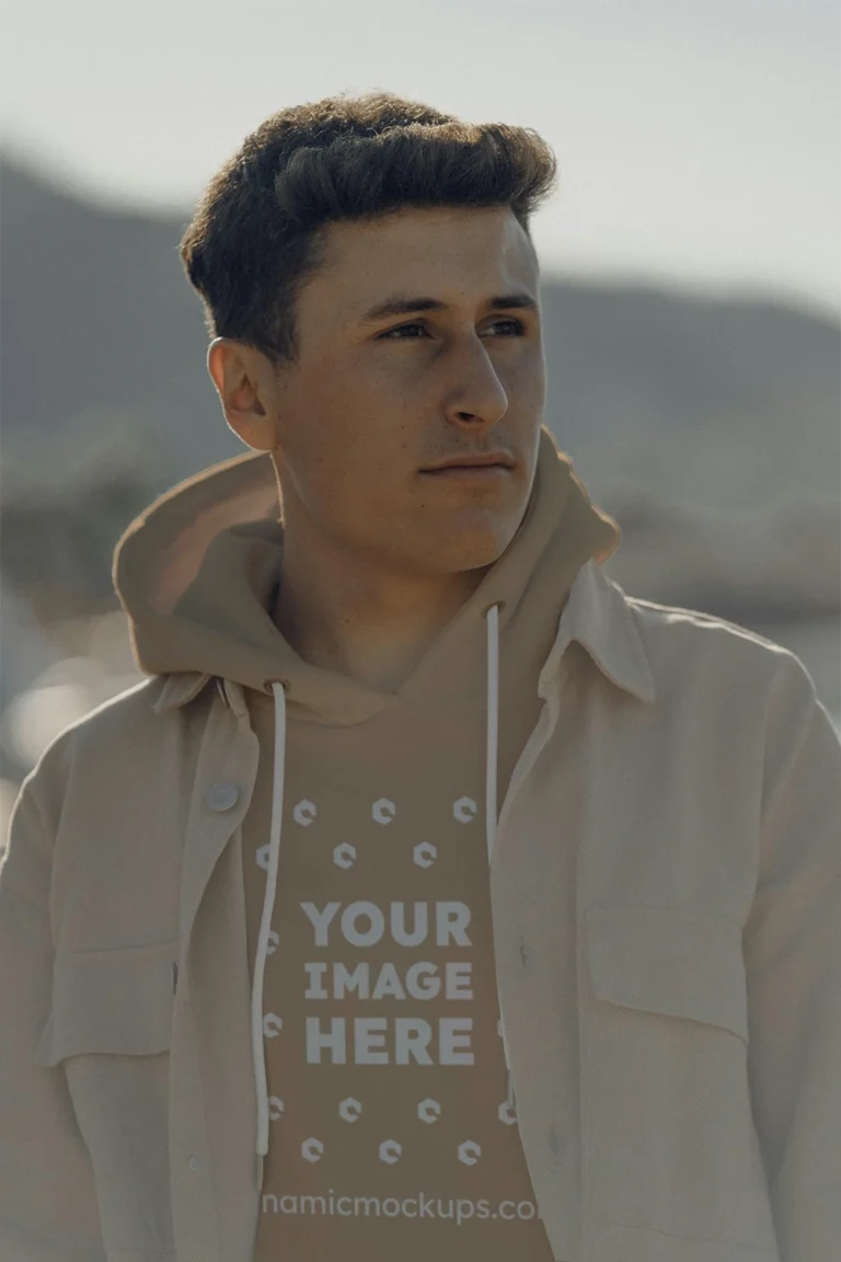 Man Wearing Beige Hoodie Mockup Front View Template