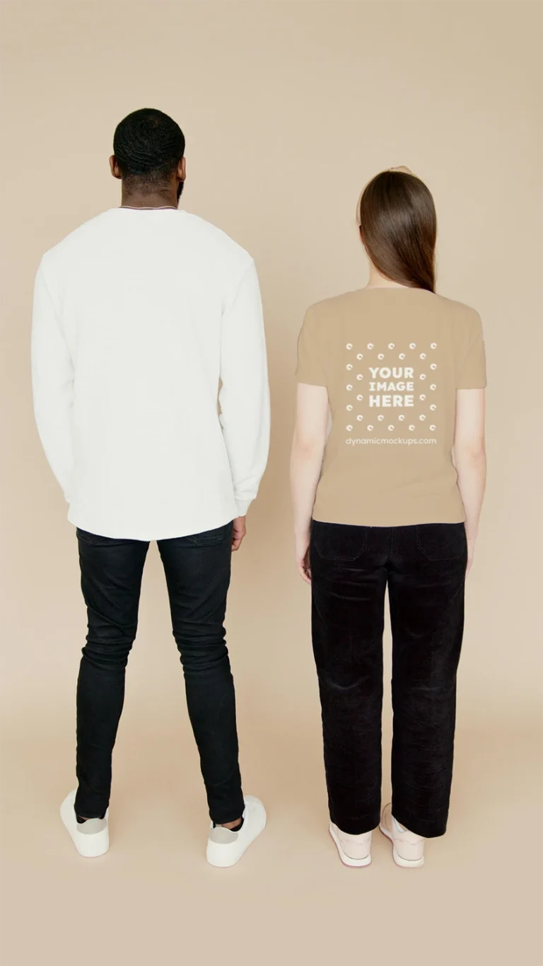 Man Wearing Beige T-shirt Mockup Back View Template