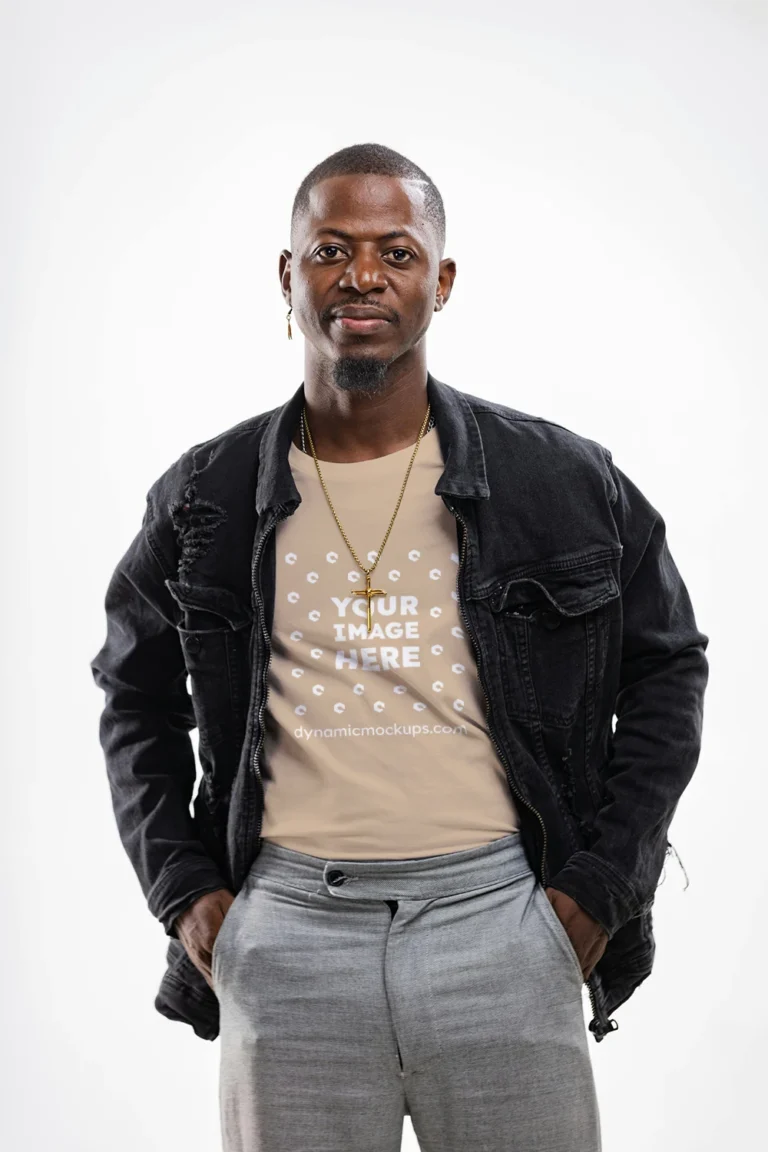 Man Wearing Beige T-shirt Mockup Front View Template