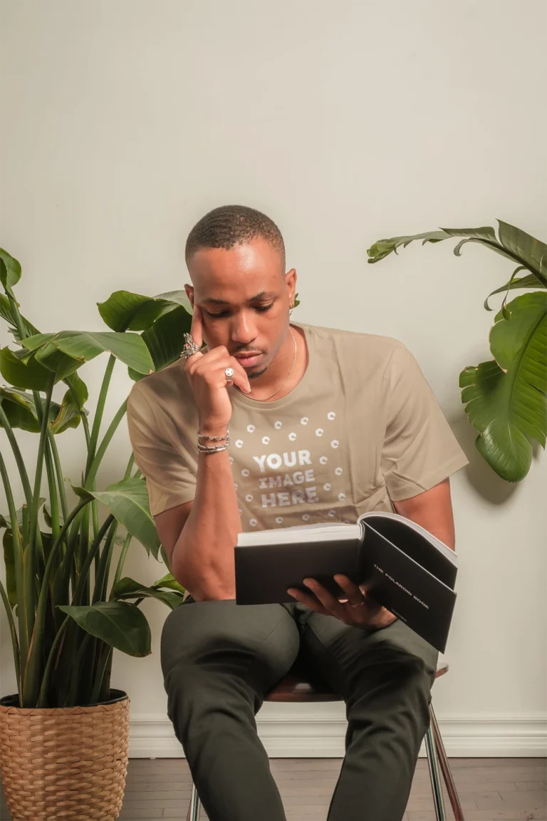 Man Wearing Beige T-shirt Mockup Front View Template