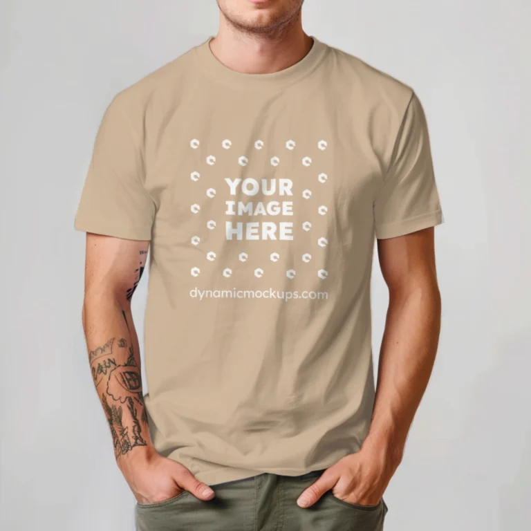 Man Wearing Beige T-shirt Mockup Front View Template