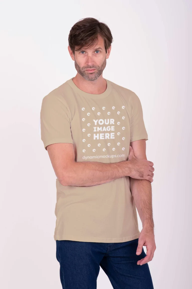 Man Wearing Beige T-shirt Mockup Front View Template
