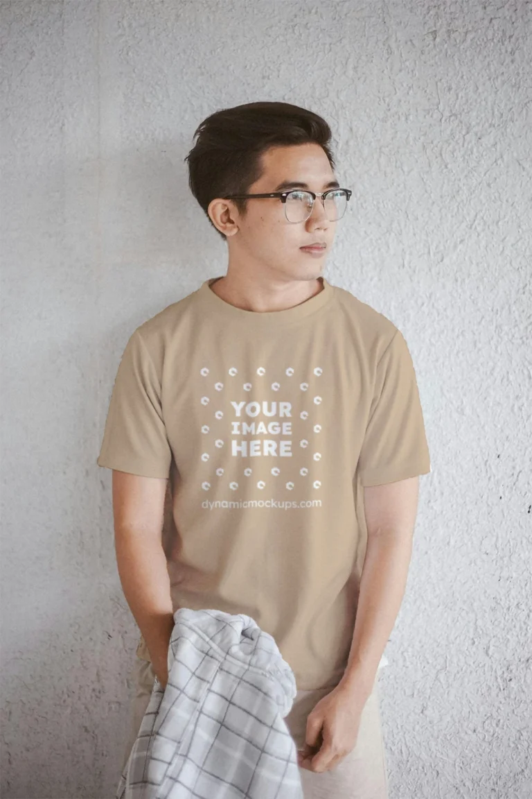 Man Wearing Beige T-shirt Mockup Front View Template