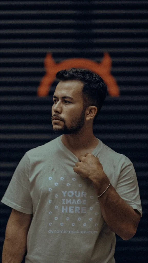 Man Wearing Beige T-shirt Mockup Front View Template