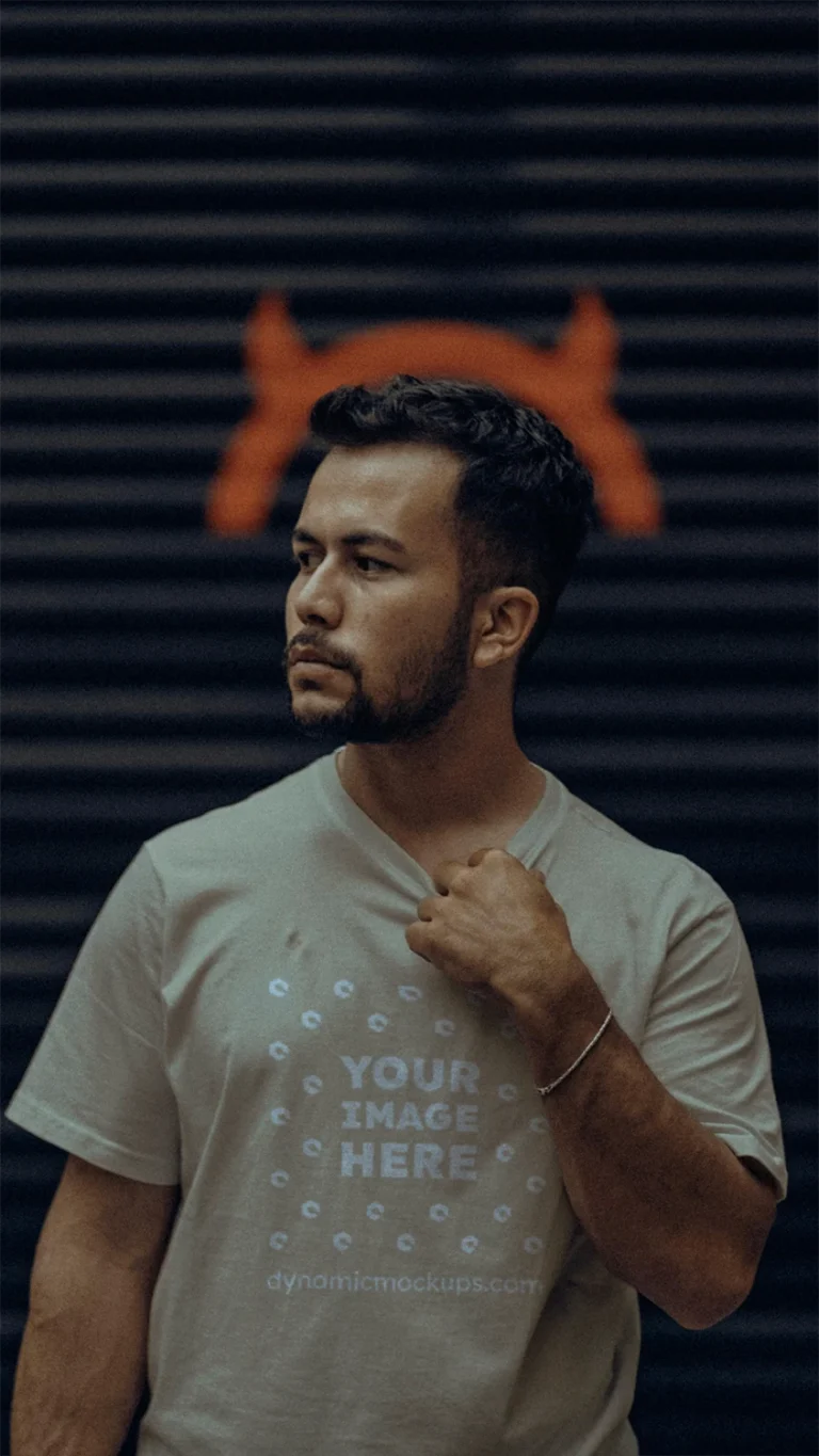 Man Wearing Beige T-shirt Mockup Front View Template