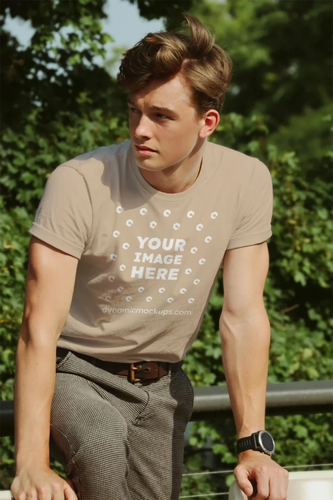 Man Wearing Beige T-shirt Mockup Front View Template