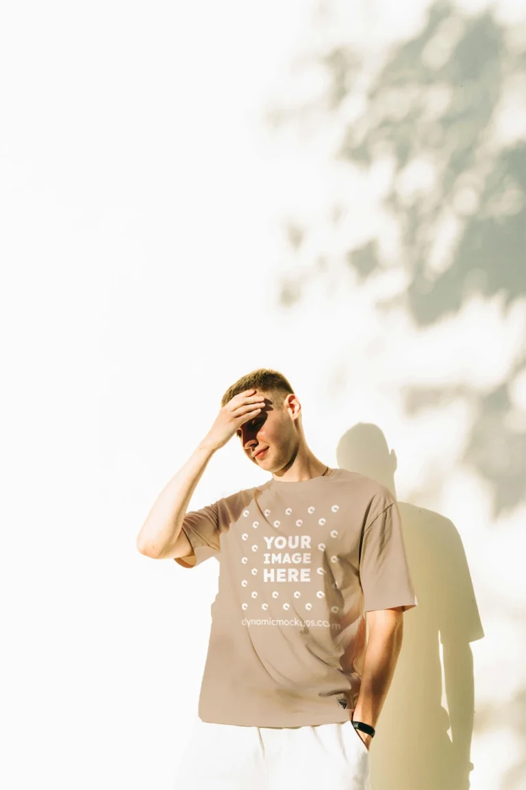 Man Wearing Beige T-shirt Mockup Front View Template